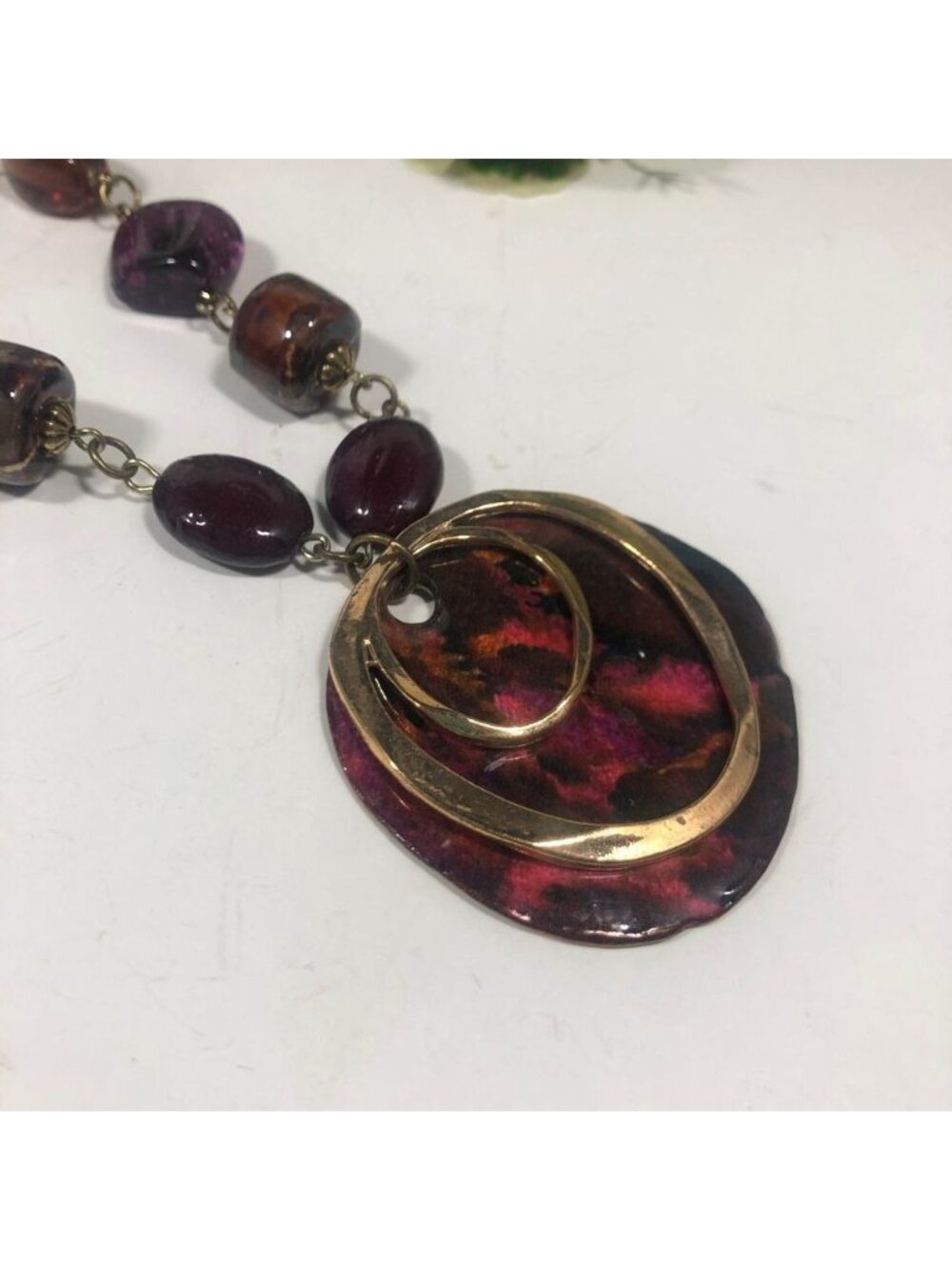 Burgundy Gold Tone Pendant Necklace Purple Glass Beads Boho Statement 22 inch